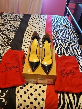 Christian Louboutin Black Patent Leather Pointed Toe Pumps with Gold Interior